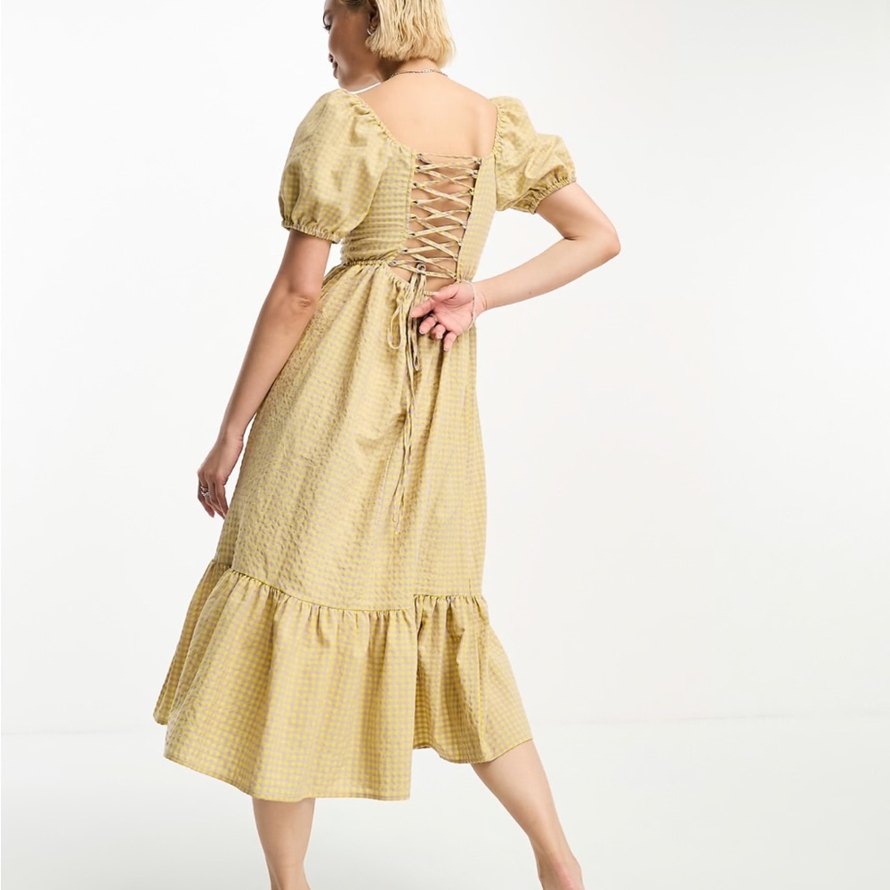Urban Threads Puff Sleeve tiered midi dress with lace up back in gingham yellow